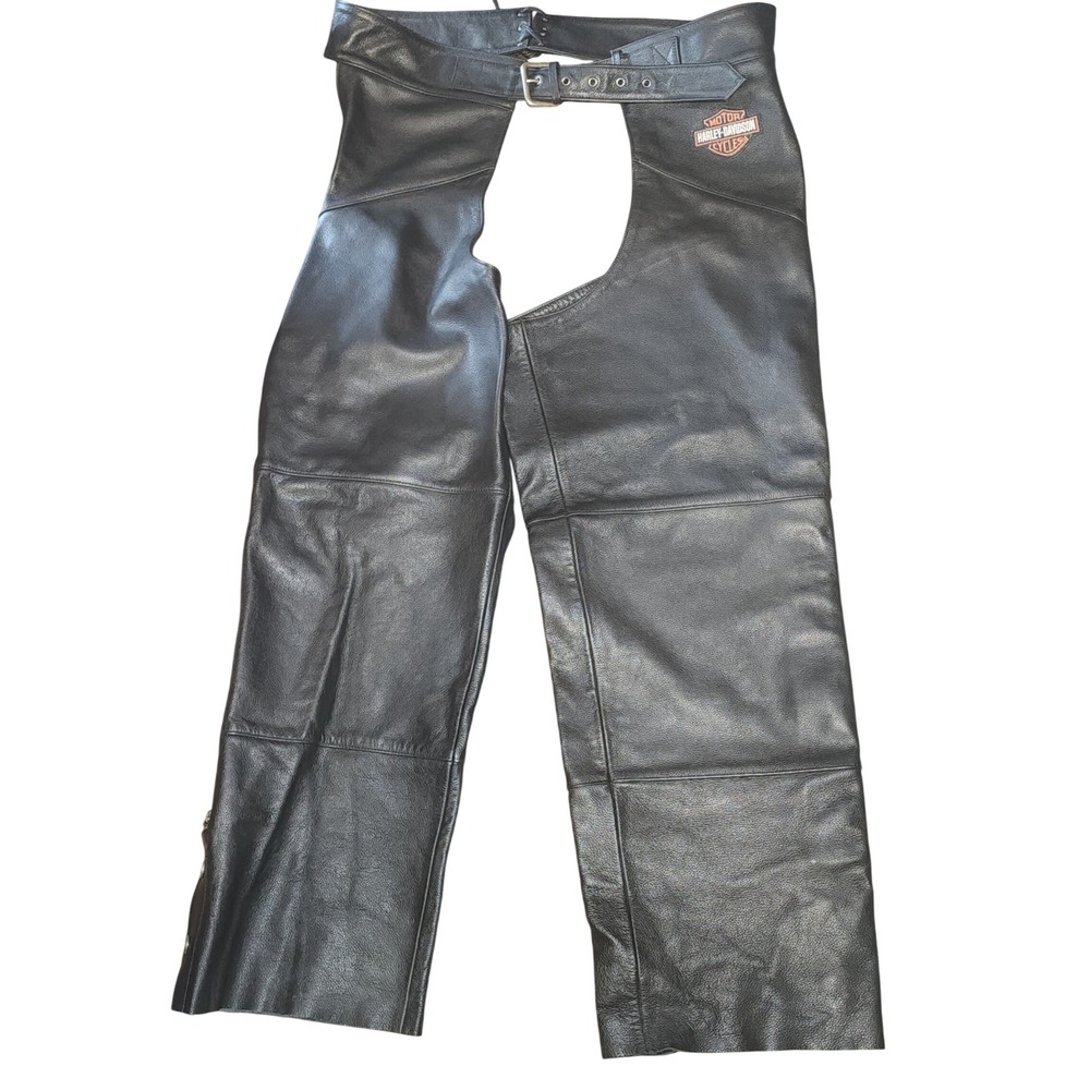 Harley-Davidson Mens Black Leather Motorcycle Chaps 2XL 98090-06VM Logo Heavy